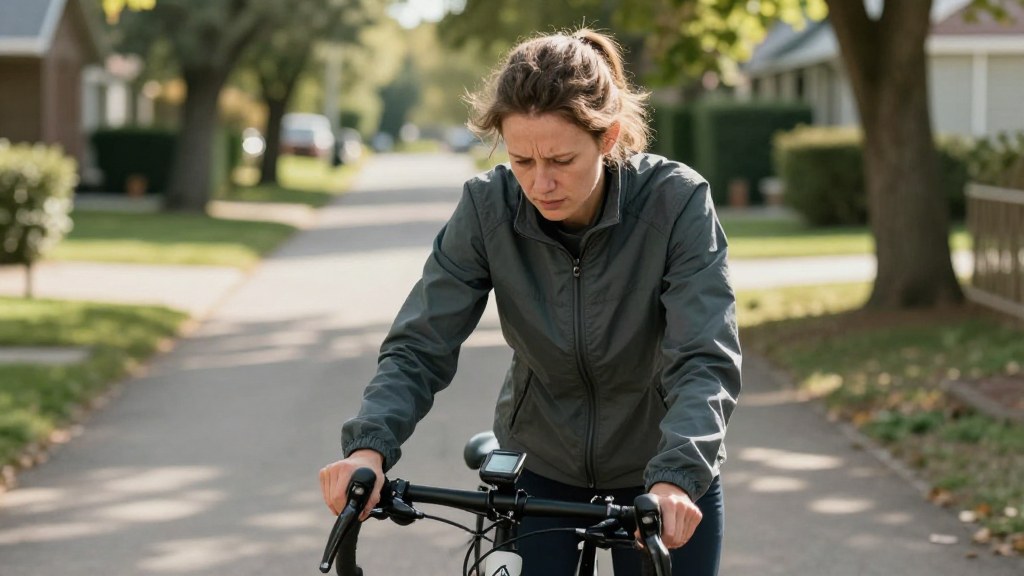 Stämningsbild: irriterad cyklist tittar bekymrat på cykeldatorn på styret vid en cykelbana