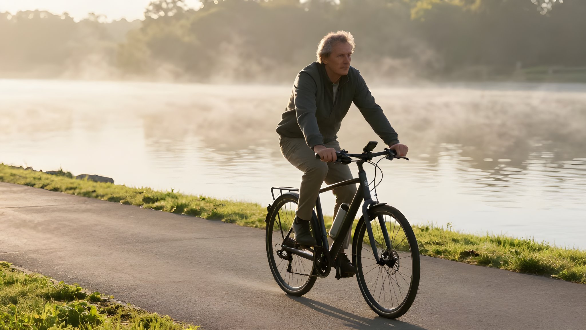 Stämningsbild: cyklist på elcykel längs sjöstig i morgondis