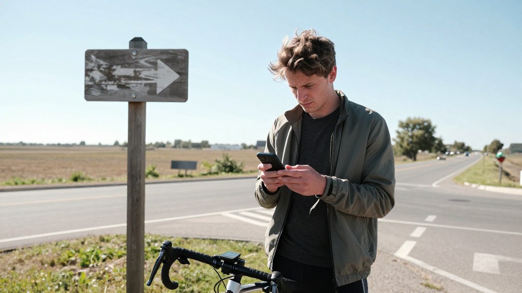 Stämningsbild: cyklist vid en korsväg jämför förvirrat mobilen med cykeldatorn på styret