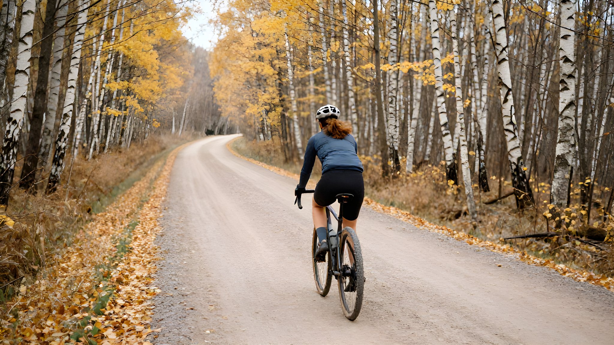Stämningsbild: cyklist på gravelcykel på grusväg genom björkskog en höstdag