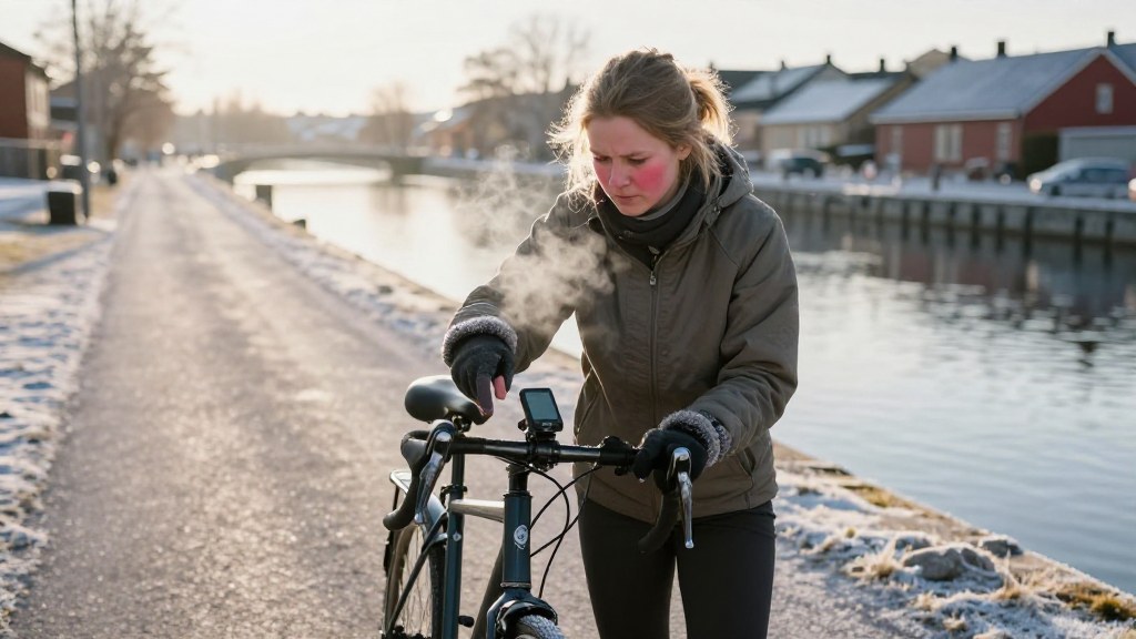Stämningsbild: cyklist med tjocka vantar knappar frustrerat på cykeldatorn en kall vinterdag