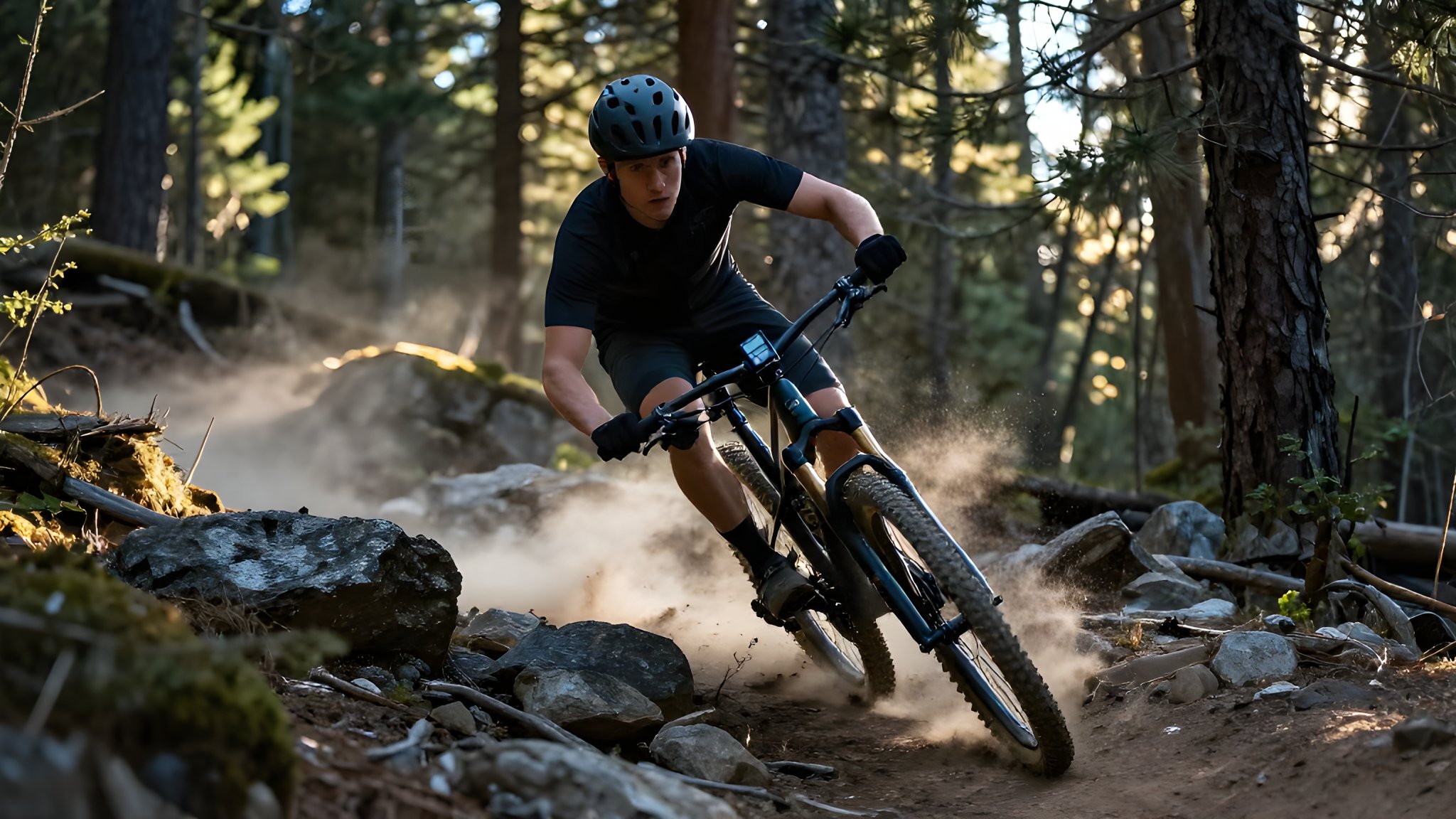 Stämningsbild: mountainbikecyklist i sväng på stig i barrskog