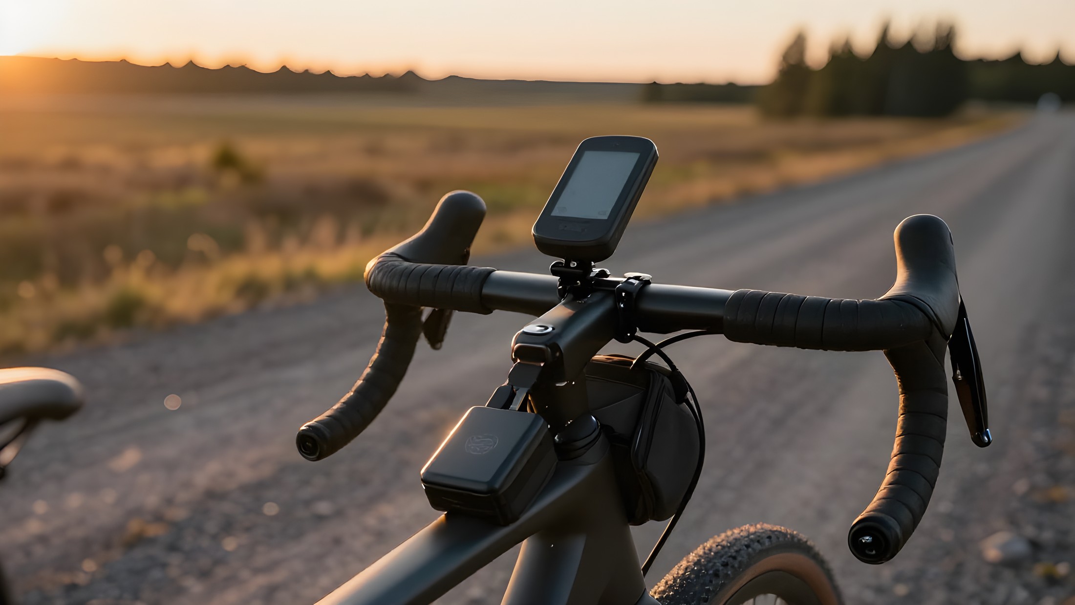 Cykeldator på styret på en gravelcykel i kvällsljus, med en liten powerbank och USB-C-kabel vid stammen