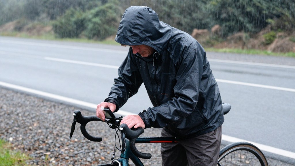 Stämningsbild: cyklist i kraftigt regn torkar av den våta cykeldatorns skärm med jackärmen
