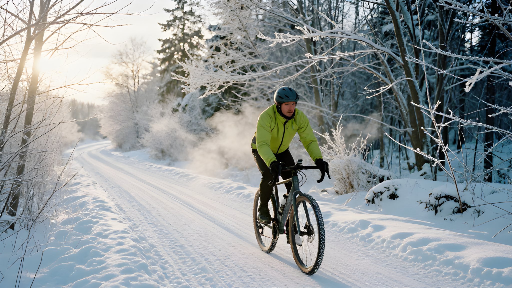 Stämningsbild: cyklist på snöig skogsväg i kall vintersol